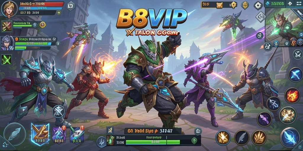 Screenshot utama B8VIP menampilkan aksi pertempuran strategis yang mendebarkan.