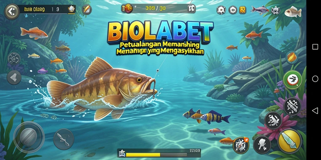 Screenshot BIOLABET menunjukkan pemain sedang memancing di danau indah.