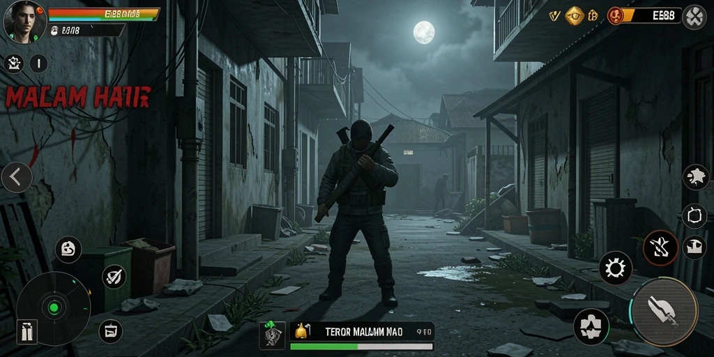 Tangkapan layar gameplay E88 menampilkan aksi menegangkan di suasana gelap.