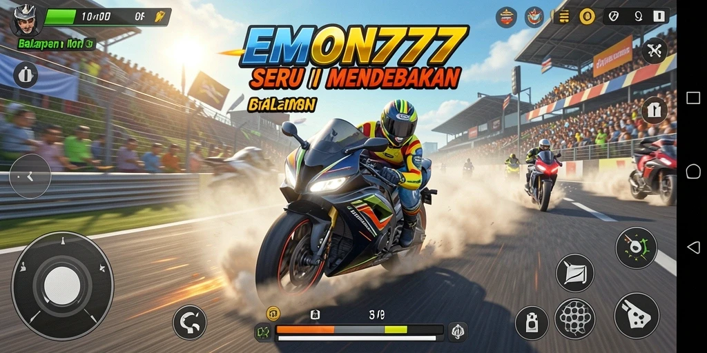 Tangkapan layar gameplay seru dari EMON777 dengan aksi balapan motor mendebarkan.