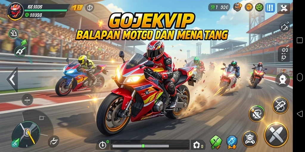 Tangkapan layar gameplay menunjukkan balapan motor yang mendebarkan.