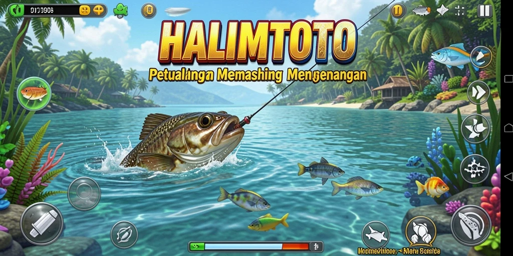 Screenshot utama HALIMTOTO menampilkan aksi seru memancing ikan.