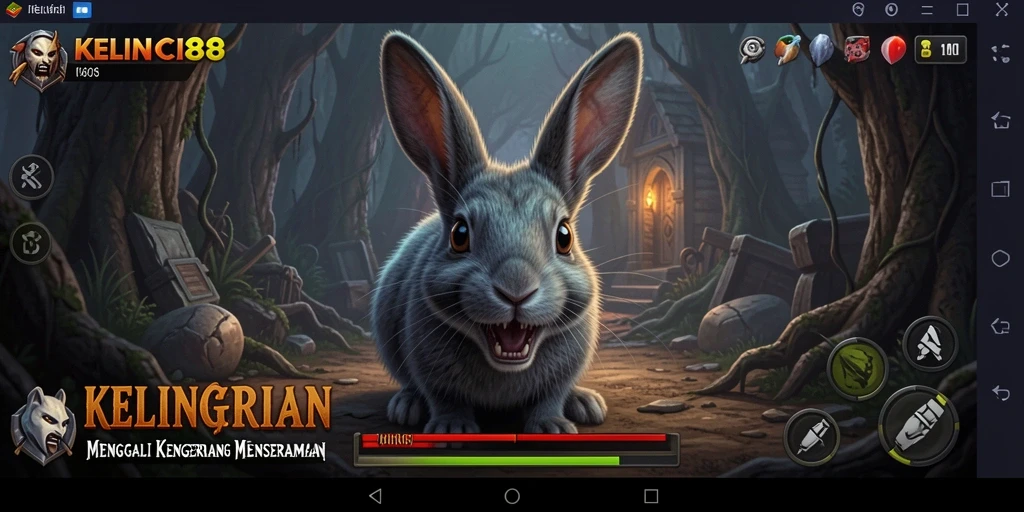 Screenshot gameplay KELINCI88 menampilkan suasana menyeramkan dan karakter menakutkan.