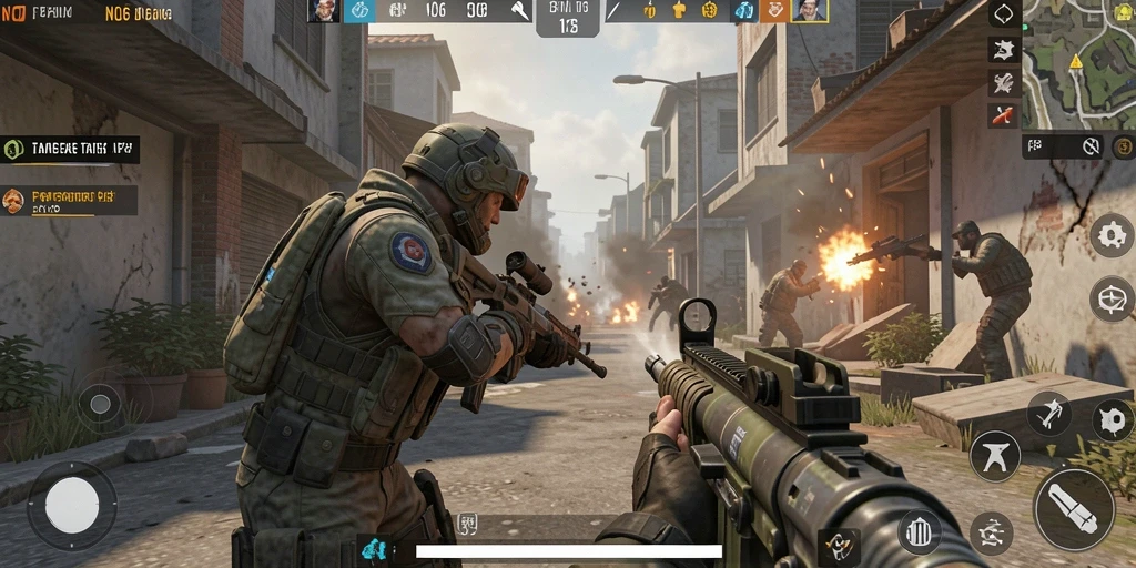 Tangkapan layar N06 menampilkan aksi menembak yang intens dalam game FPS.